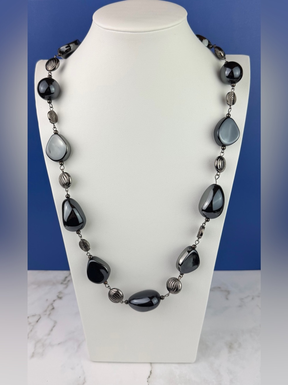Chunky Black & Gunmetal Beaded Long Station Necklace